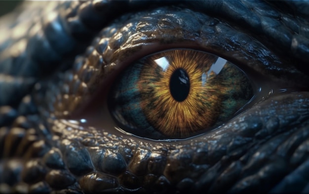 Um close-up de um olho de dragão com um olho roxo e um olho roxo com um anel de ouro ao redor do olho