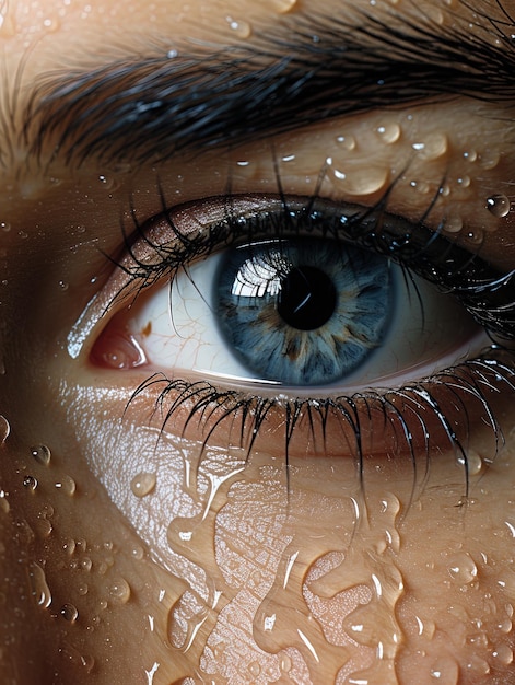 Foto um close-up de um olho de mulher com gotas de água sobre ele