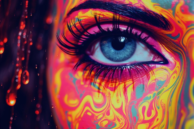 um close-up de um olho de mulher com tinta colorida