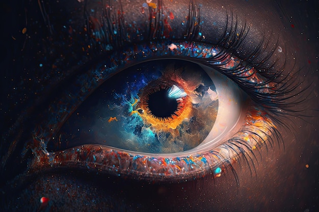 Um close-up de um olho humano com um fundo colorido e a palavra olho nele.
