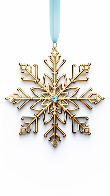 um close-up de um ornamento de floco de neve dourado com uma fita azul generativa ai