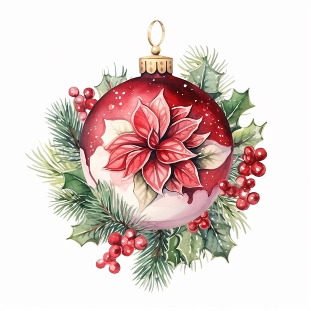 um close-up de um ornamento de Natal com poinsettia e holly generative ai