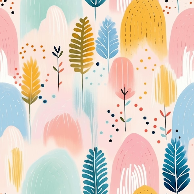 um close-up de um padrão colorido com árvores e folhas generativas ai