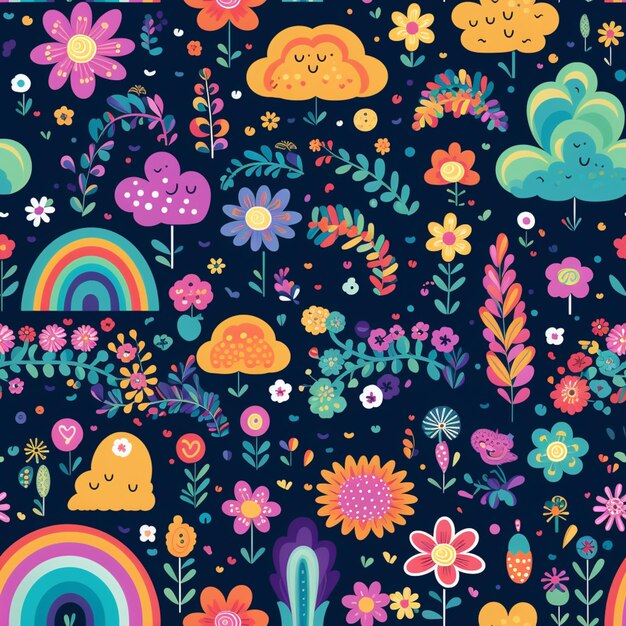 Um close-up de um padrão colorido com flores e nuvens generativo ai