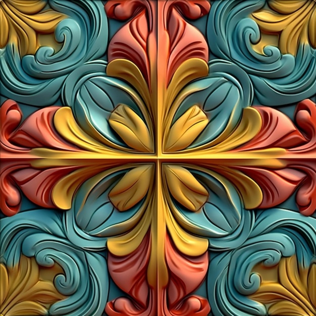 Um close-up de um padrão colorido com uma cruz sobre ele generative ai