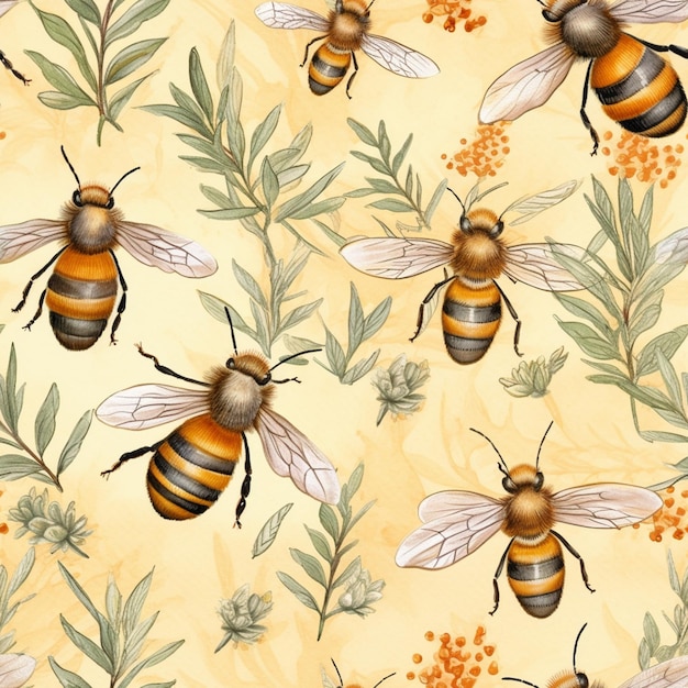 Foto um close-up de um padrão de abelhas em um fundo amarelo generativo ai