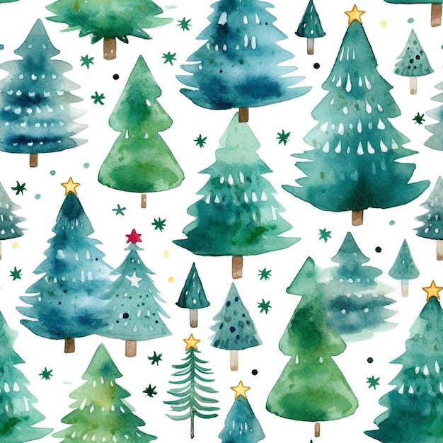 Um close-up de um padrão de árvore de Natal em aquarela com estrelas