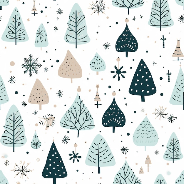 Um close-up de um padrão de árvores e flocos de neve