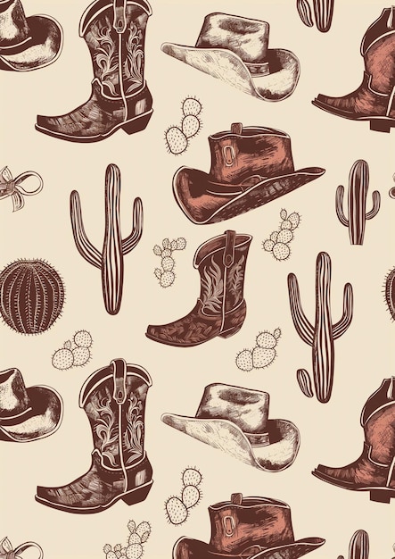 um close-up de um padrão de botas de cowboy e chapéus generativo ai