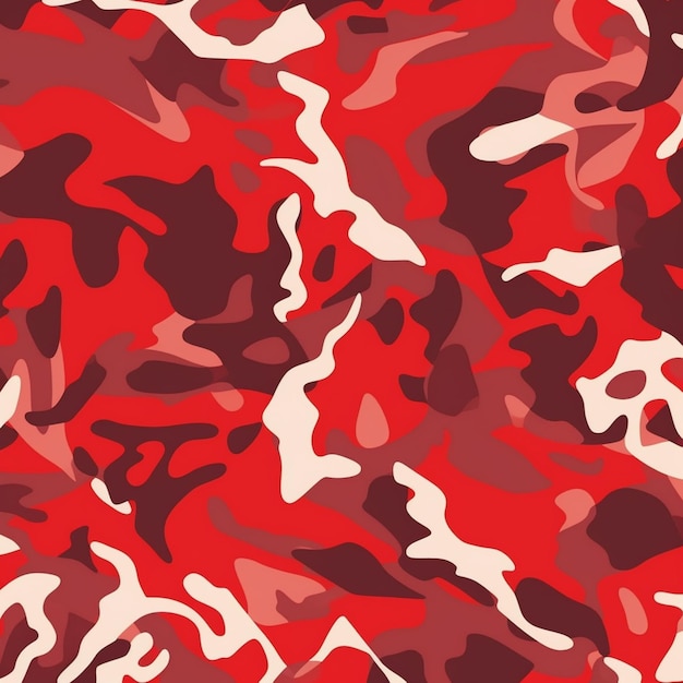 Um close-up de um padrão de camuflagem vermelho com manchas brancas e pretas