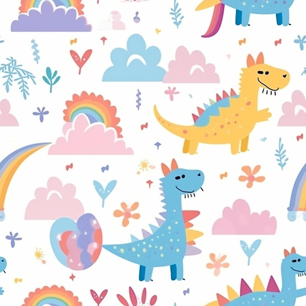 Um close-up de um padrão de dinossauros e arco-íris generativo ai