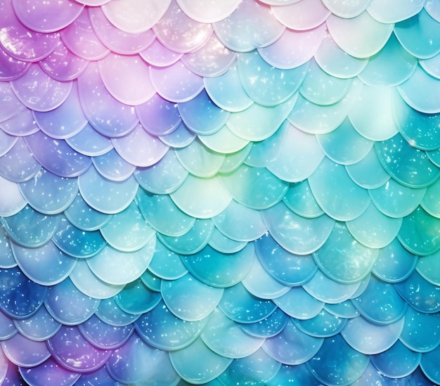 um close-up de um padrão de escala de peixe colorido com um fundo azul e rosa generativo ai
