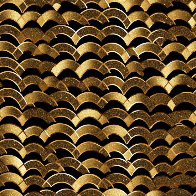 Um close-up de um padrão de escama de peixe dourado em um fundo preto generativo ai