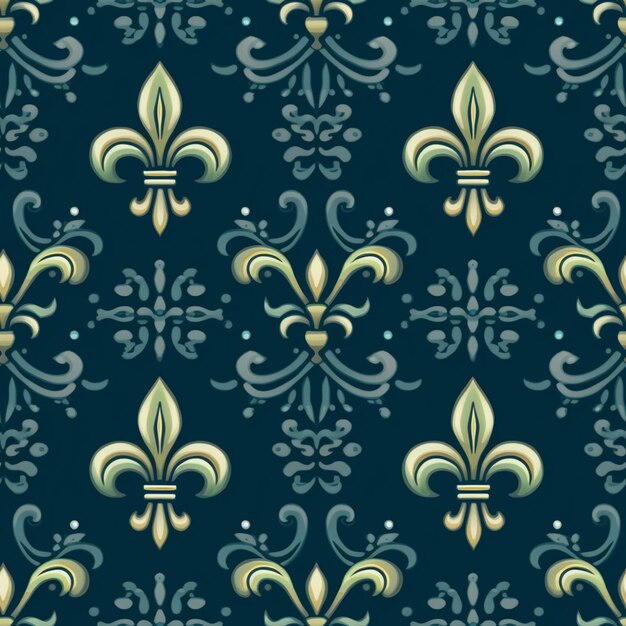 um close-up de um padrão de fleurons dourados em um fundo azul generativo ai