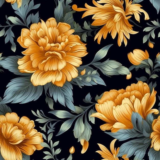Um close-up de um padrão de flor com flores de laranja em um fundo preto generativo ai