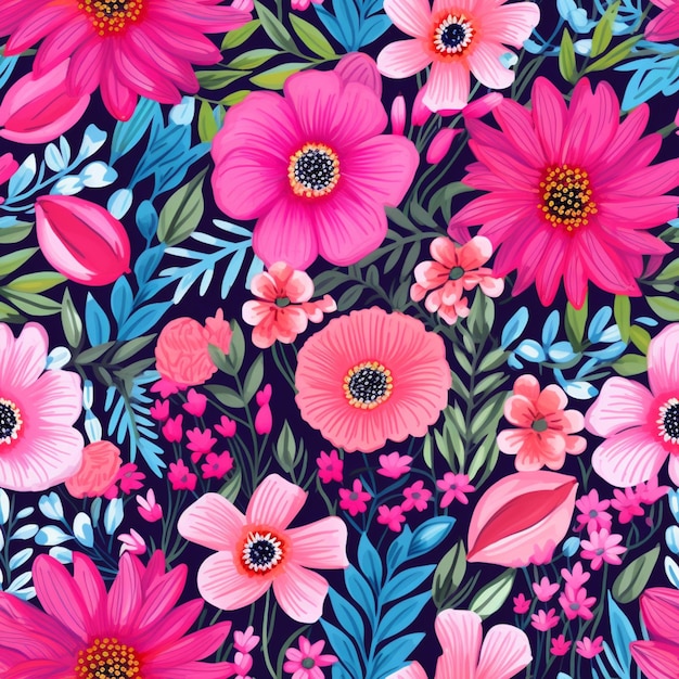 um close-up de um padrão de flor rosa em um fundo preto generativo ai