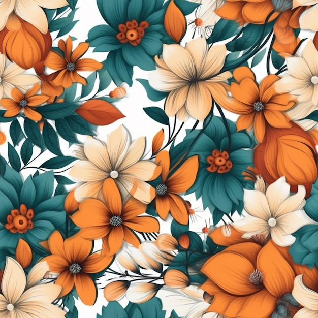 um close-up de um padrão de flores com flores laranja e branca generativa ai