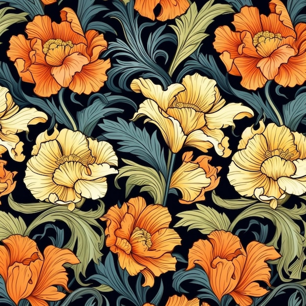 Um close-up de um padrão de flores de laranja em um fundo preto generativo ai