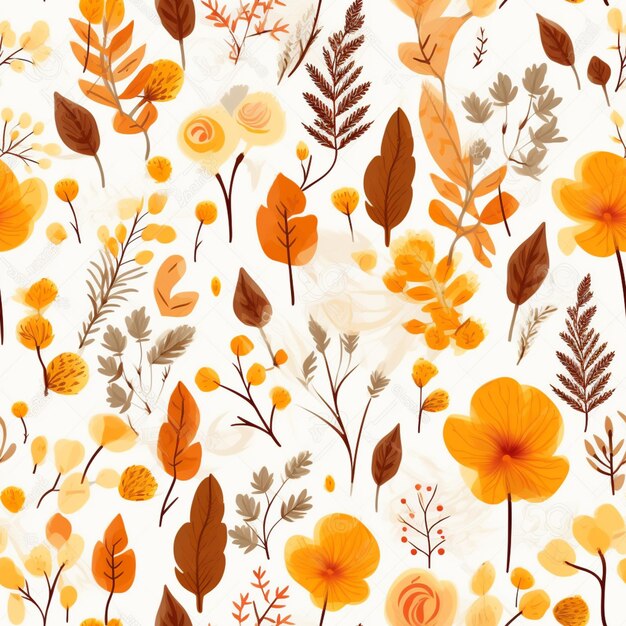 Foto um close-up de um padrão de flores laranjas e castanhas e folhas generativas ai