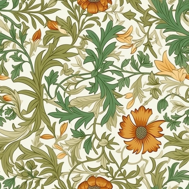Foto um close-up de um padrão de flores laranjas e folhas verdes generativo ai