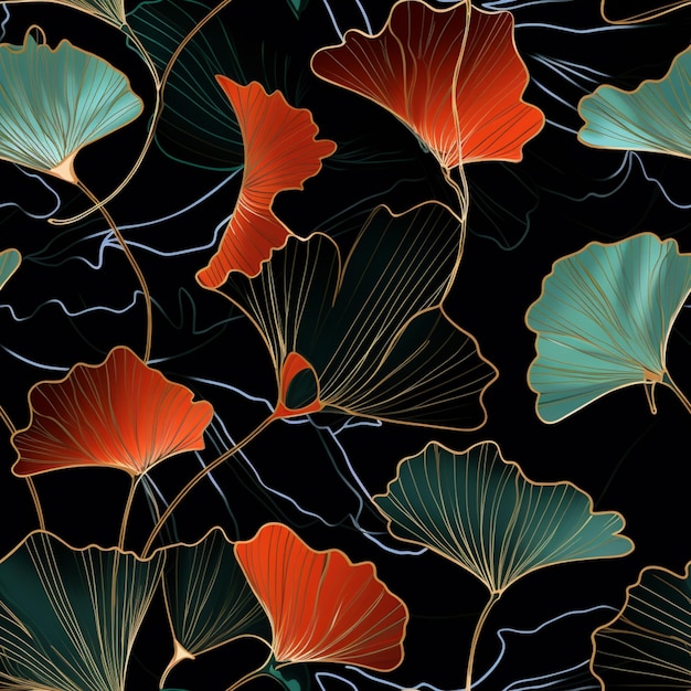 Foto um close-up de um padrão de folhas em um fundo preto generativo ai