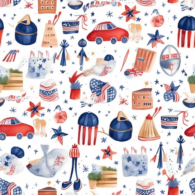 Um close-up de um padrão de itens patrióticos em um fundo branco generativo ai