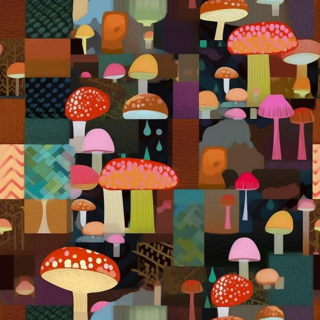 Um close-up de um padrão de patchwork com cogumelos sobre ele