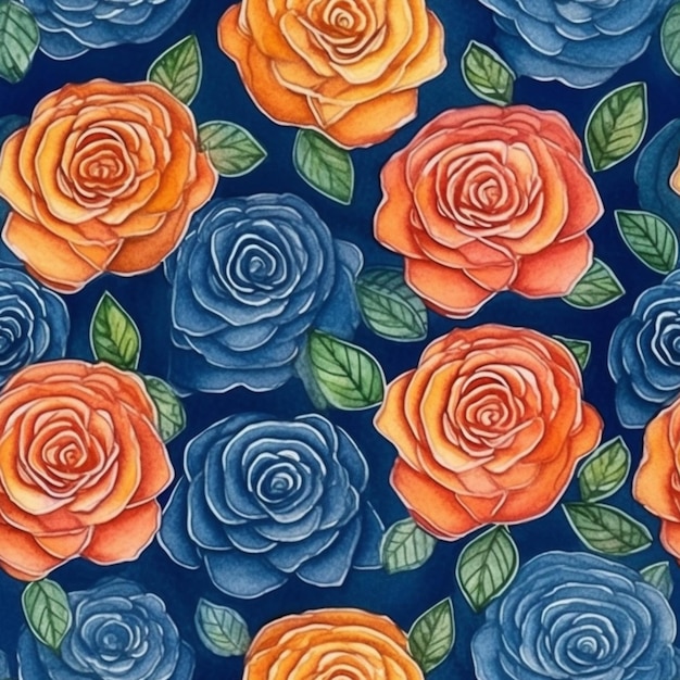 um close-up de um padrão de rosa colorido em um fundo azul ai generativo