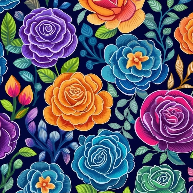 Um close-up de um padrão de rosa colorido em um fundo preto generativo ai