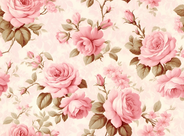 Foto um close-up de um padrão de rosa rosa com folhas verdes generativo ai