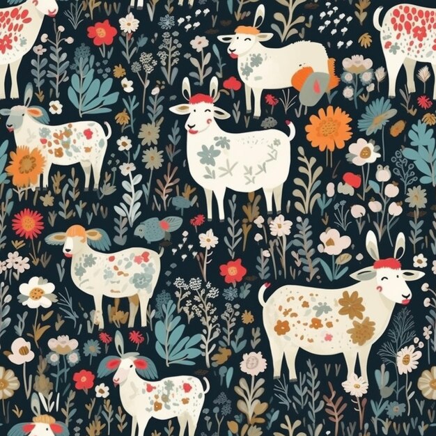 Um close-up de um padrão de vacas e flores em um fundo escuro generativo ai