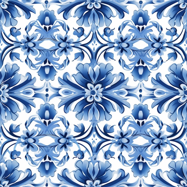 um close-up de um padrão floral azul e branco em um fundo branco generativo ai
