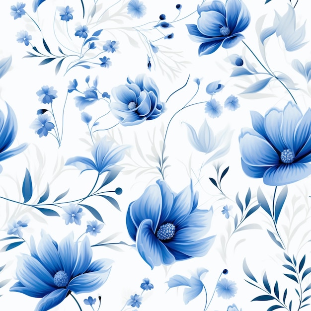 Um close-up de um padrão floral azul e branco em um fundo branco