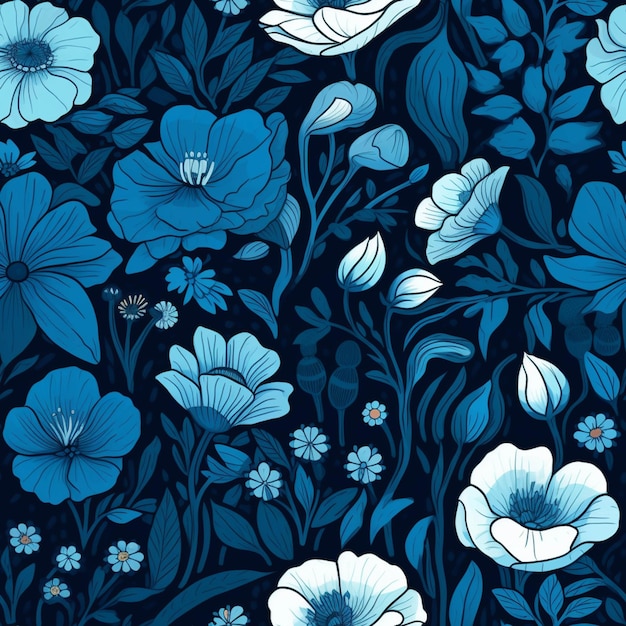 Um close-up de um padrão floral azul e branco em um fundo preto generativo ai