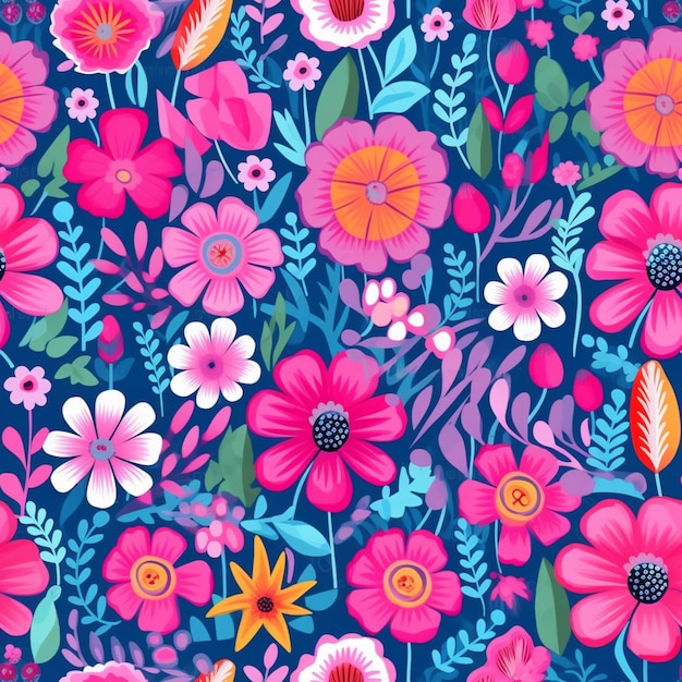 um close-up de um padrão floral colorido em um fundo azul generativo ai