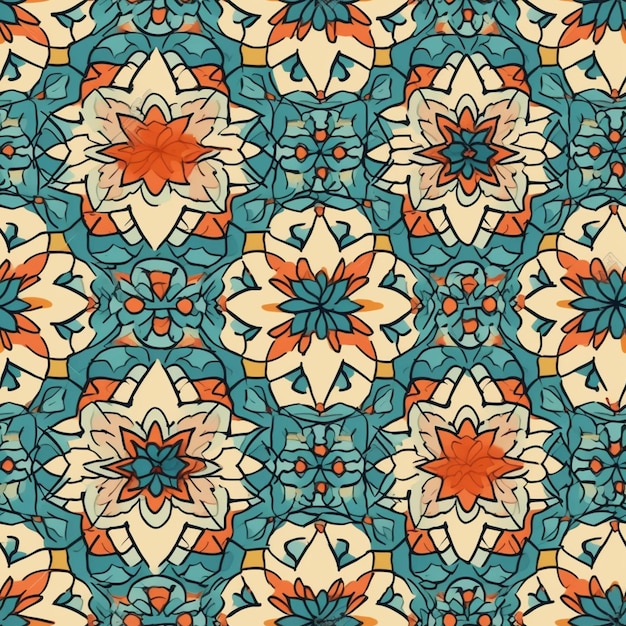 Um close-up de um padrão floral colorido em um fundo azul generativo ai