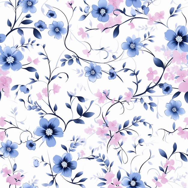 Um close-up de um padrão floral com flores azuis e rosa generativas ai