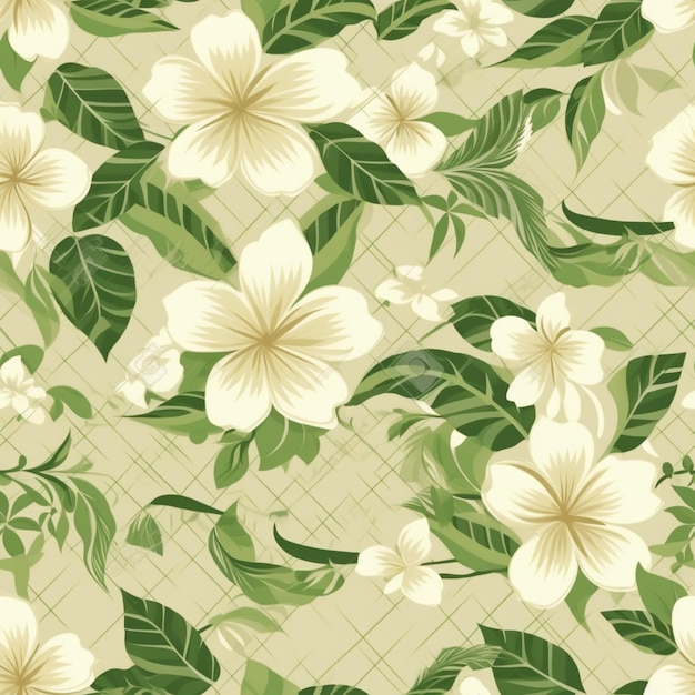 Um close-up de um padrão floral com flores brancas e folhas verdes generativas ai