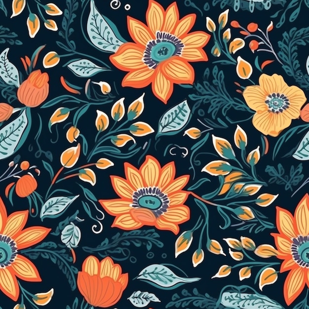 Um close-up de um padrão floral com flores de laranja e folhas verdes generativas ai