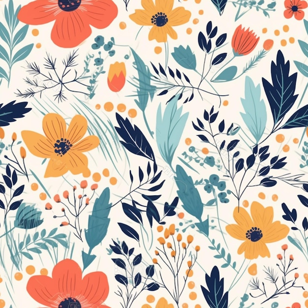 Um close-up de um padrão floral com flores laranja e azuis generativas ai