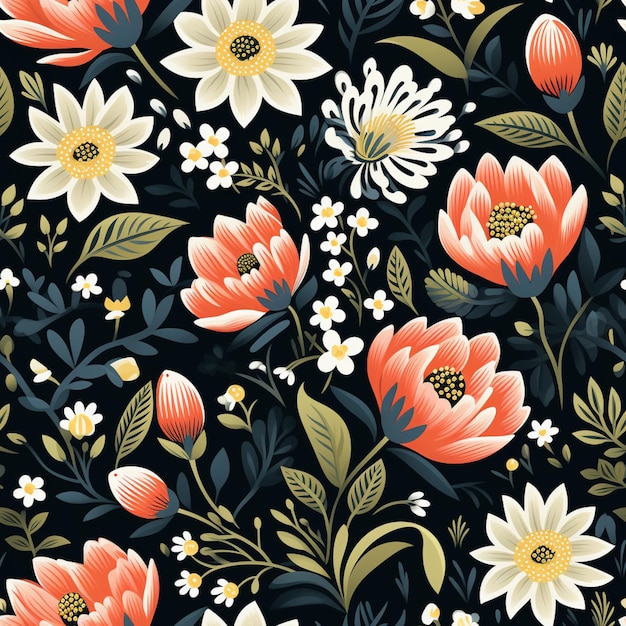 Um close-up de um padrão floral com flores laranja e brancas generativas ai