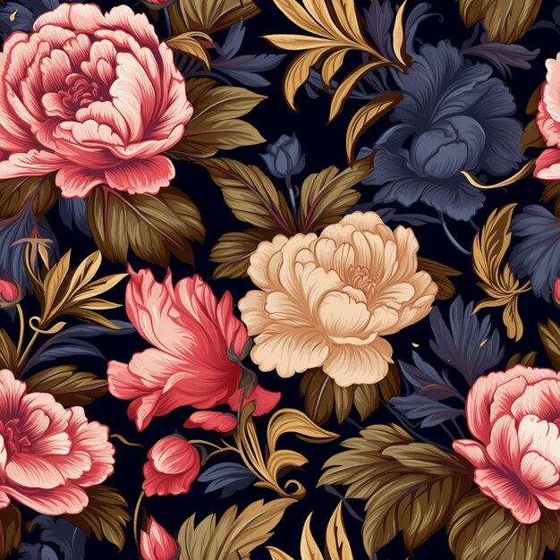 Um close-up de um padrão floral com flores rosa e azuis generativas ai