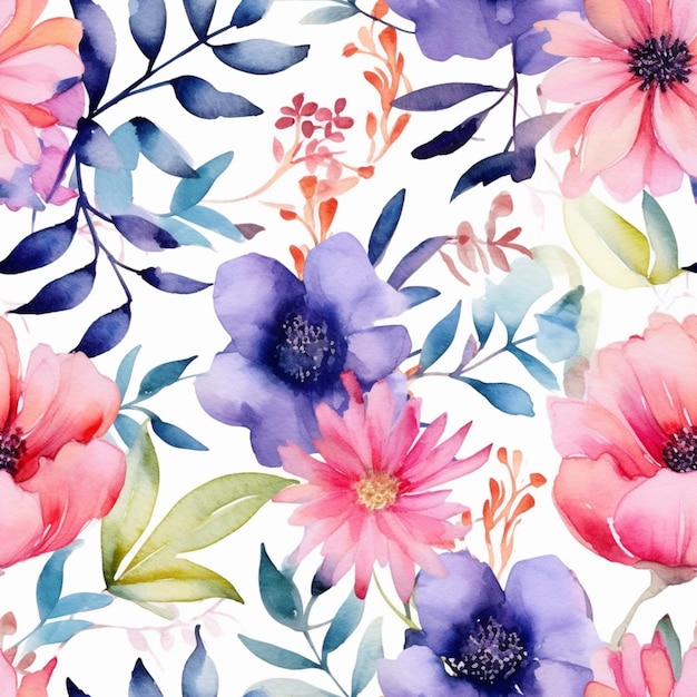 Um close-up de um padrão floral com flores rosas e azuis generativo ai