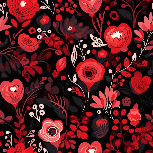 um close-up de um padrão floral vermelho e preto com corações generativo ai