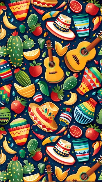 um close-up de um padrão mexicano colorido com guitarras e fruta generativa ai
