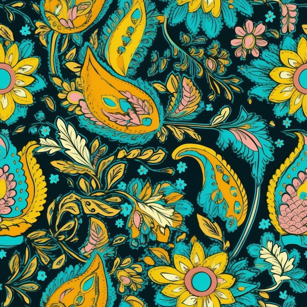 Um close-up de um padrão paisley colorido em um fundo preto generativo ai