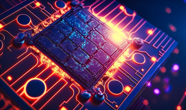 Um close-up de um painel solar mostrando os intrincados padrões de células solares e circuitos