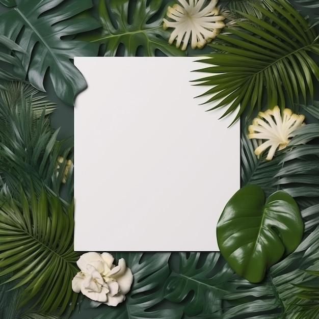 Foto um close-up de um papel branco cercado por folhas verdes generativa ai