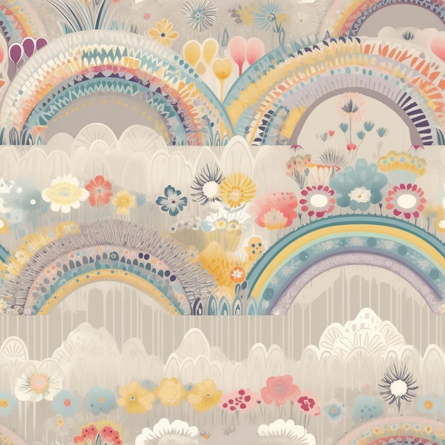 Um close-up de um papel de parede com um arco-íris e nuvens generativas ai