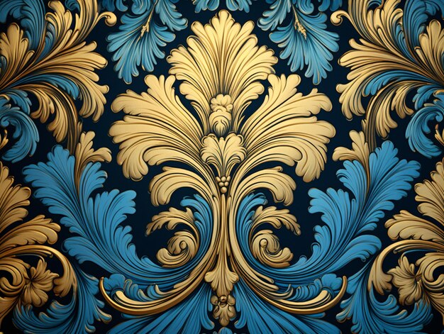 Foto um close-up de um papel de parede com um design generativo ai dourado e azul